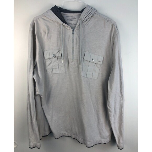 Calvin Klein Hoodie Mens XL Quarter Zip Pullover Logo Jacket Light Gray Pockets - Picture 1 of 6